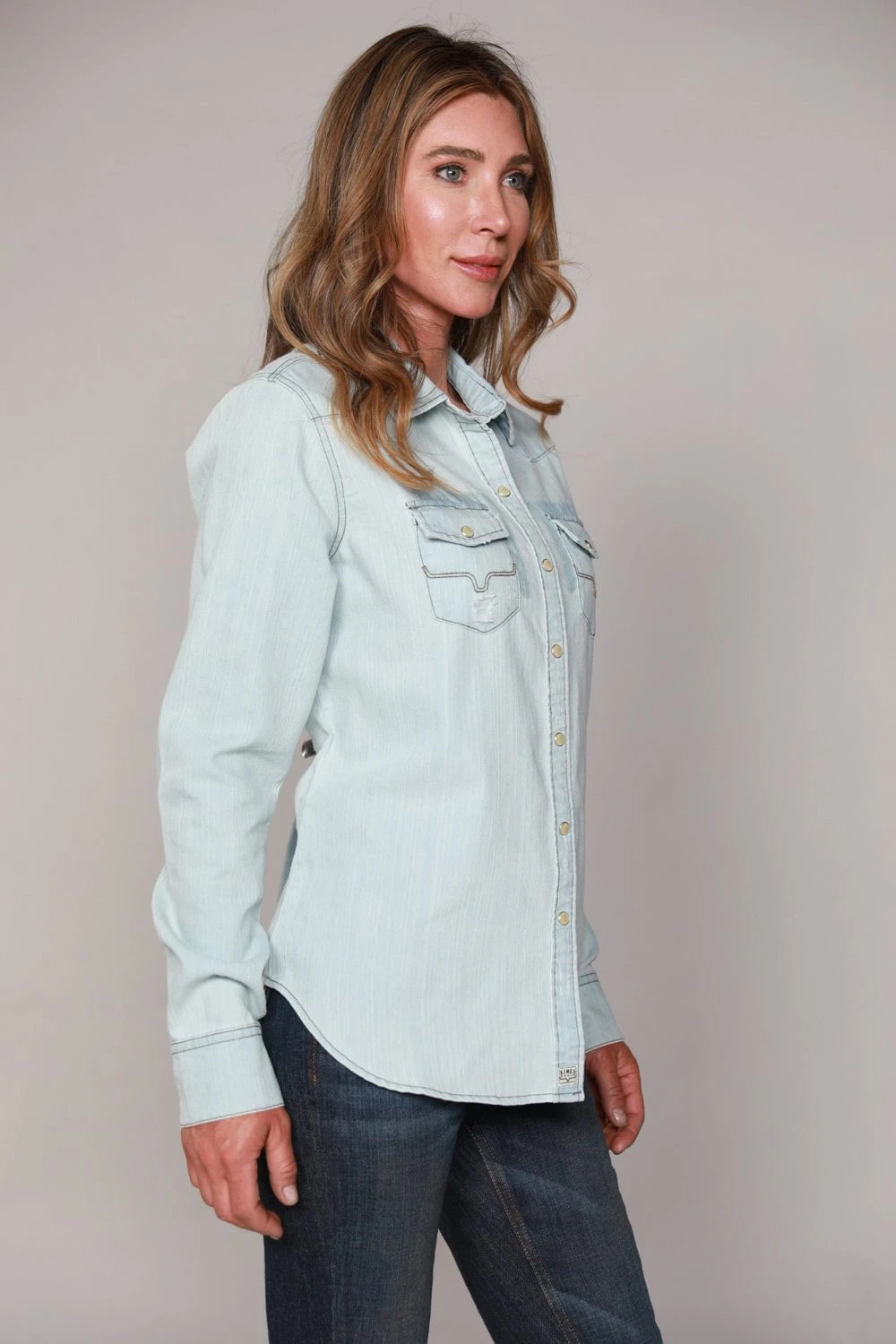 Kimes Ranch Womens Kaycee Top Destroy Denim Cotton Blend L/S Shirt - Image 3