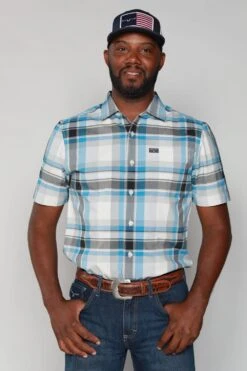 Kimes Ranch Mens Grande Plaid Blue Cotton Blend S/S Western Shirt